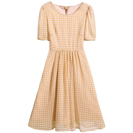 French Retro Plaid Skirt New Women's Western Style Chiffon Dress